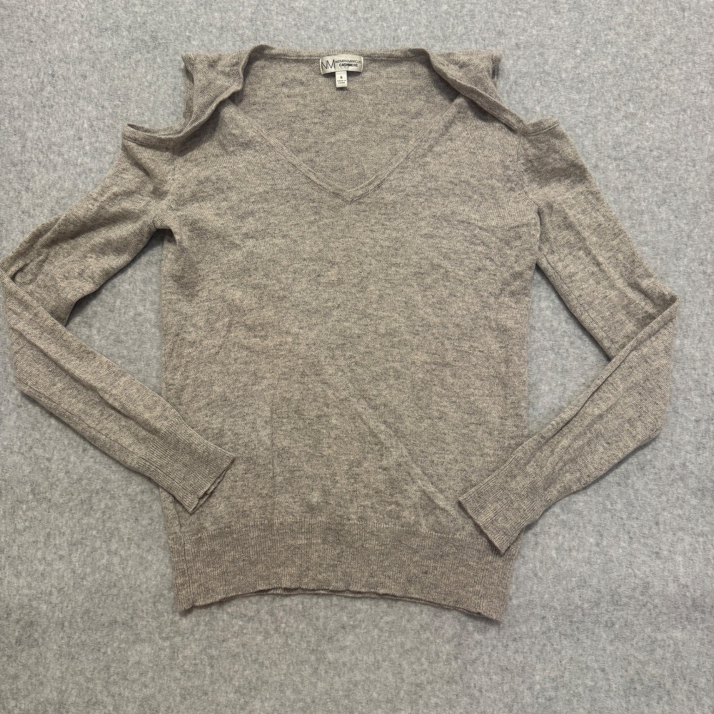 Neiman Marcus Cashmere Cold Shoulder‎ V-Neck Sweater Gray Small 100% PURE